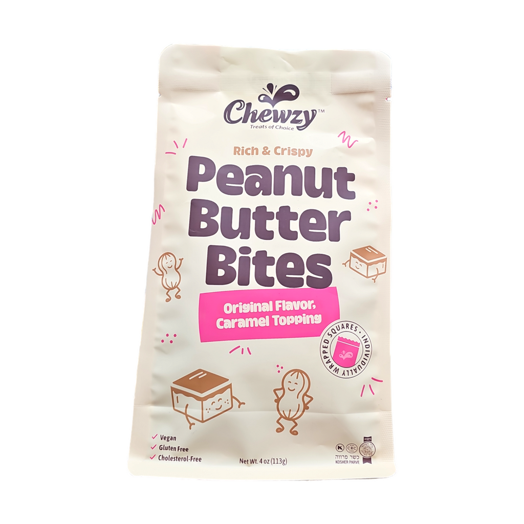 Chewzy, Rich & Crispy Peanut Butter Bites Original Flavor, Caramel Topping 4 Oz