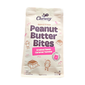Chewzy, Rich & Crispy Peanut Butter Bites Original Flavor, Caramel Topping 4 Oz