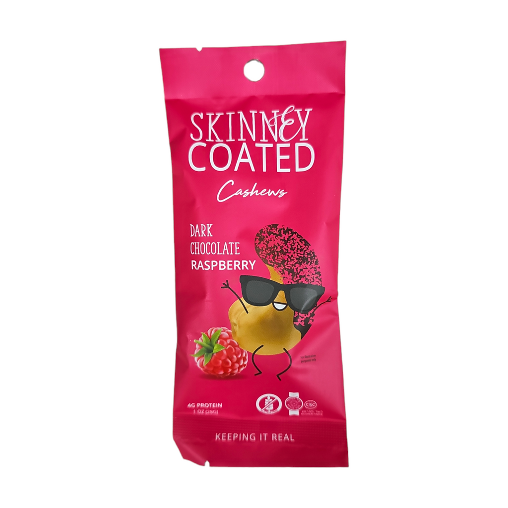 Skinny Coated Cashews, Dark Chocolate Raspberry 1 Oz