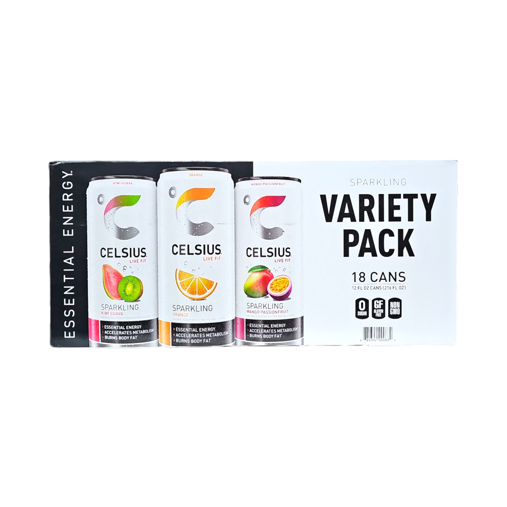 Can Celsius, Sparkling Variety Pack Kiwi Guava, Orange, Mango Passionfruit 18 Pack