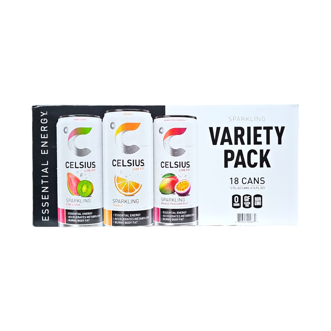 Celsius, Sparkling Variety Pack Kiwi Guava, Orange, Mango Passionfruit 18 Cans