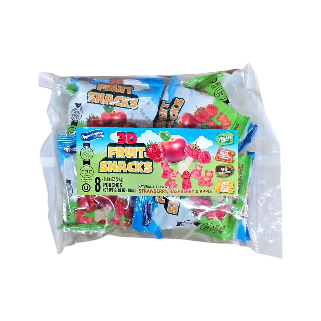 Oppenheimer, 3D Fruit Snacks Strawberry, Raspberry & Apple 8 Pouches 6.49 Oz