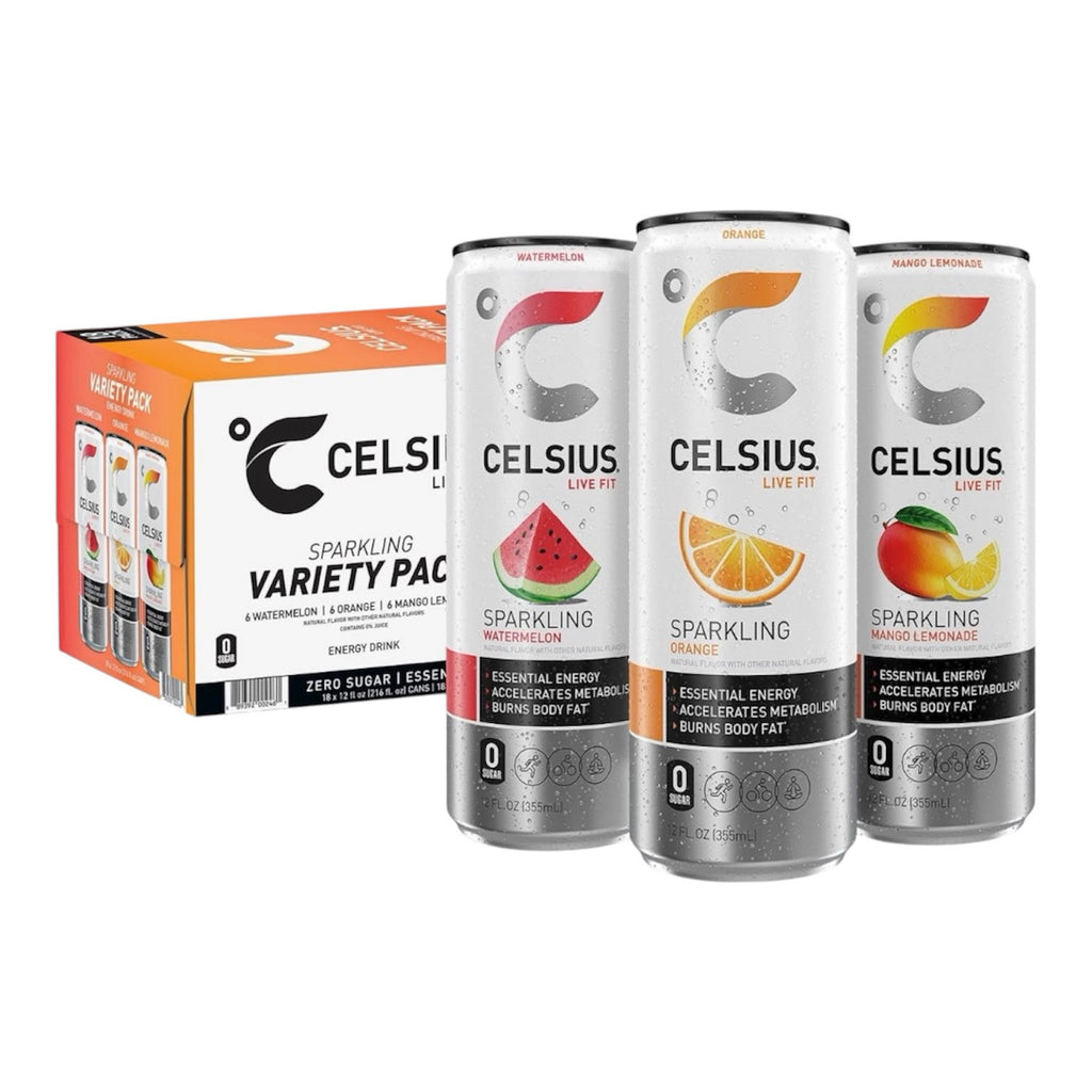 Can Celsius, Sparkling Variety Pack Mango Lemonade, Orange, Watermelon 18 Pack