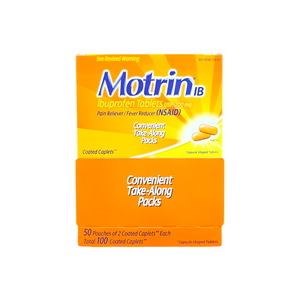 Motrin IB, Convenient Take-Along Packs, Ibuprofen 200mg Tablets for Pain & Fever Relief, 100 Coated Caplets
