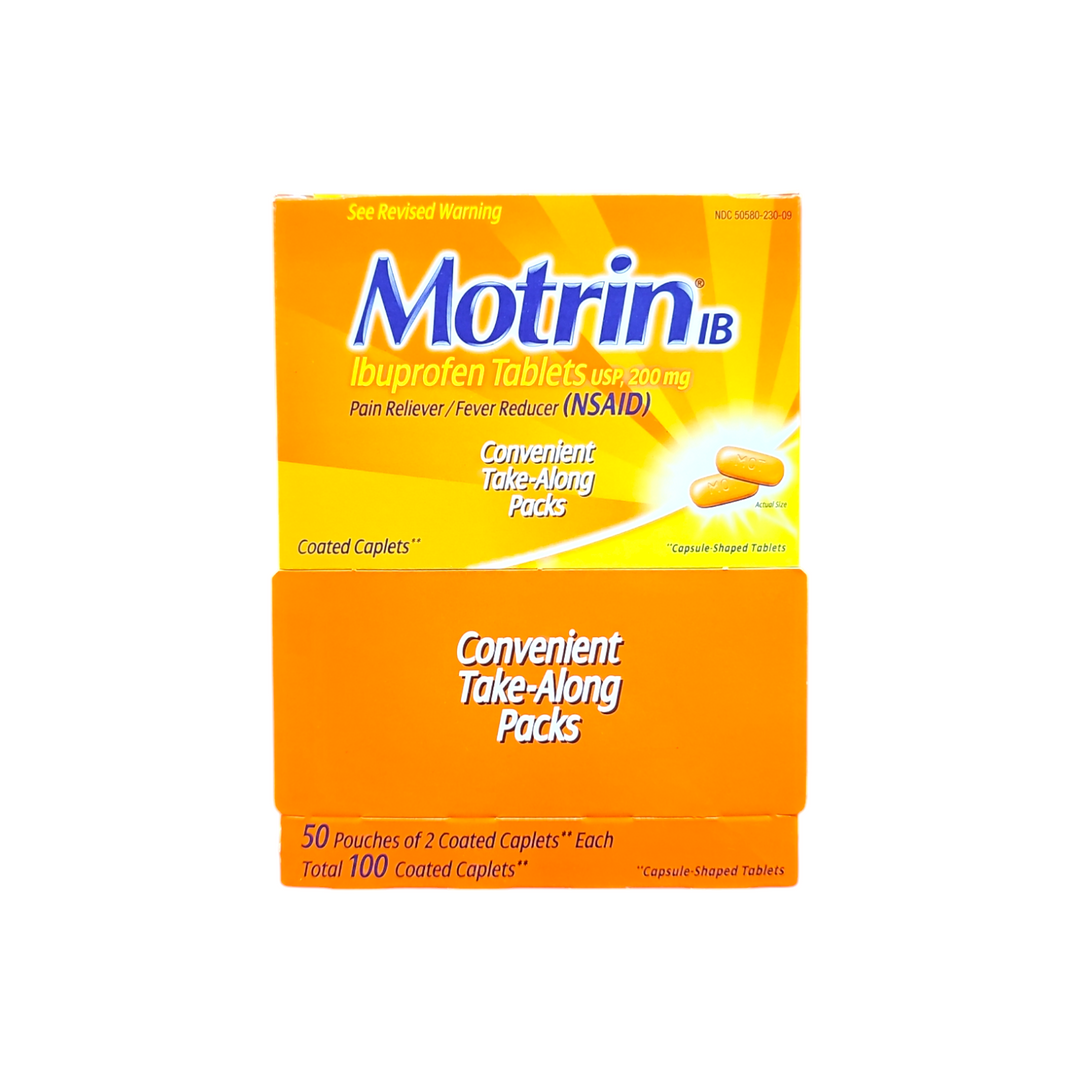 Motrin IB, Convenient Take-Along Packs, Ibuprofen 200mg Tablets for Pain & Fever Relief, 100 Coated Caplets